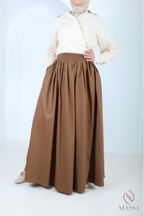 Jupe longue beige en coton avec doublure coupe évasée