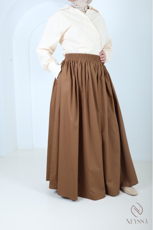 Jupe longue beige en coton avec doublure coupe évasée