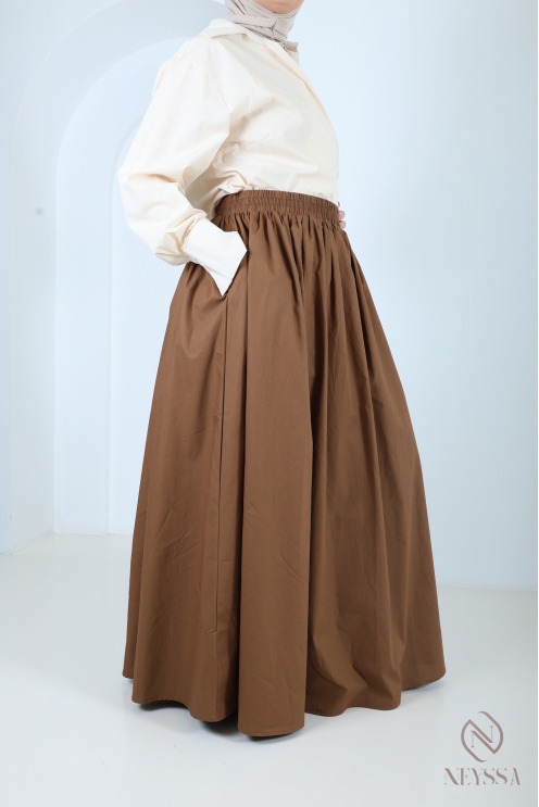 Jupe longue beige en coton avec doublure coupe évasée