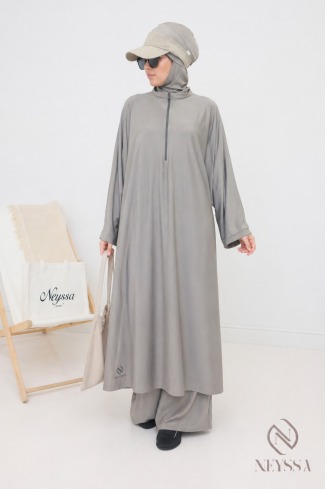 Burkini de bain taupe, tunique longue ample zippée, maillot couvrant