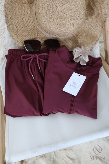 Burkini 3 pièces bordeaux grande taille coupe papillon avec zip