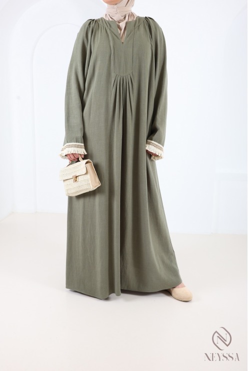 Long khaki linen-blend dress, flowing fabric for summer hijabi wear