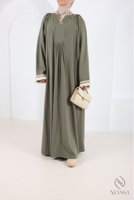 Robe longue kaki lin mélangé, tissu fluide pour l'été hijabi