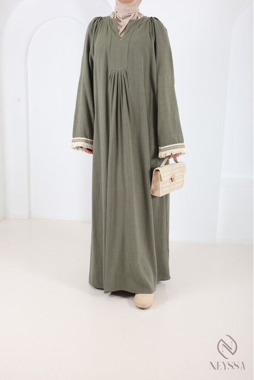 Long khaki linen-blend dress, flowing fabric for summer hijabi wear
