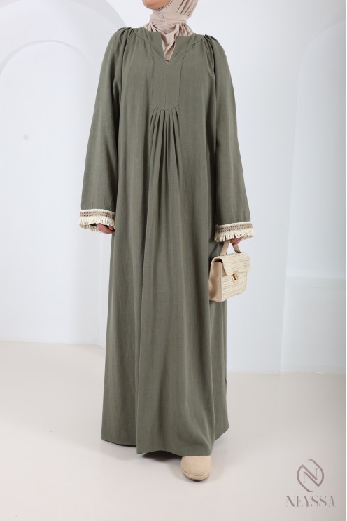 Long khaki linen-blend dress, flowing fabric for summer hijabi wear