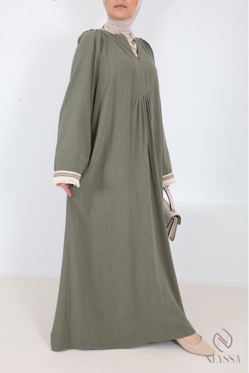 Robe longue kaki lin mélangé, tissu fluide pour l'été hijabi