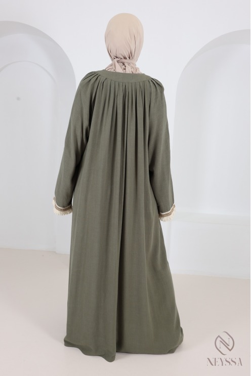 Robe longue kaki lin mélangé, tissu fluide pour l'été hijabi