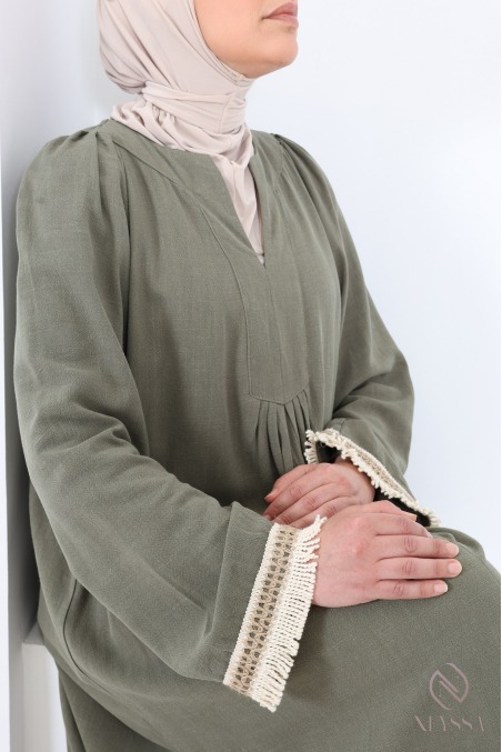 Long khaki linen-blend dress, flowing fabric for summer hijabi wear