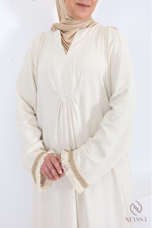 Robe longue style abaya en lin mélangé col v beige