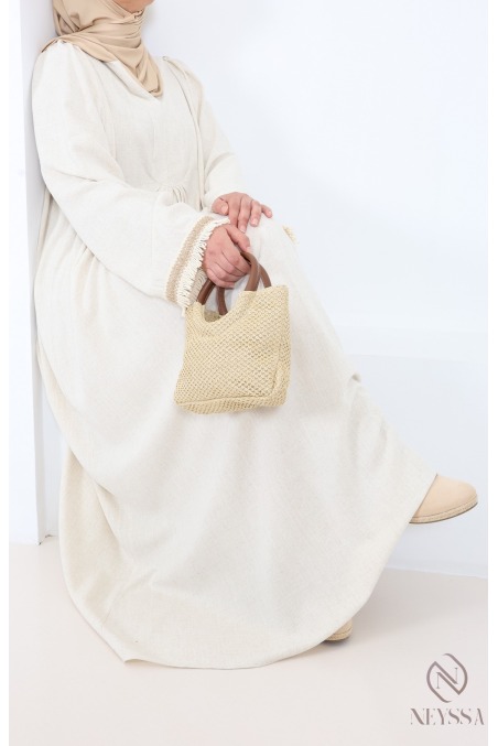 Beige V-neck long abaya-style dress in linen blend