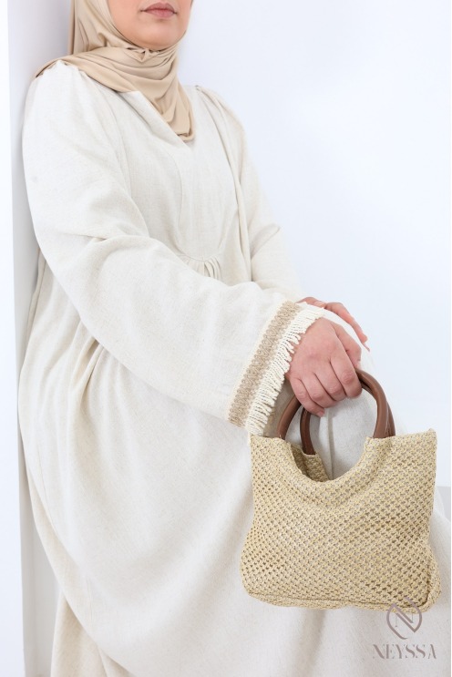 Robe longue style abaya en lin mélangé col v beige