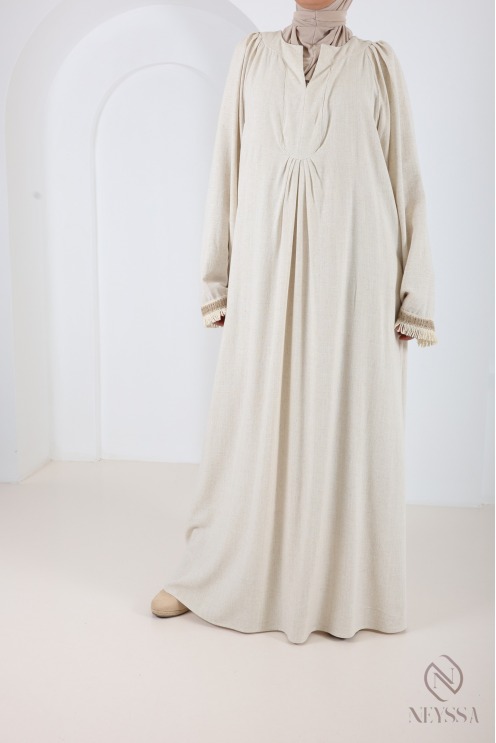 Langes Kleid im Abaya-Stil aus Leinenmischgewebe mit V-Ausschnitt