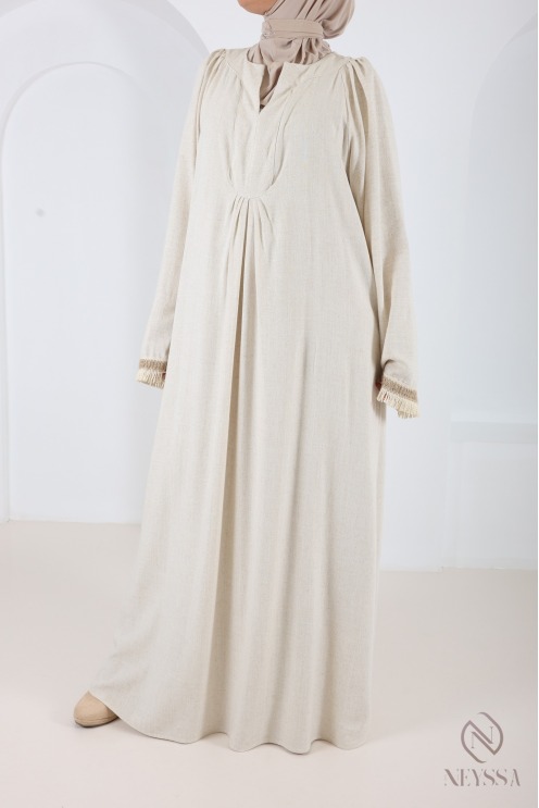 Robe longue style abaya en lin mélangé col v beige