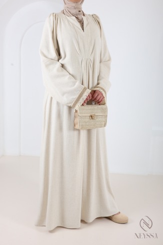 Langes Kleid im Abaya-Stil aus Leinenmischgewebe mit V-Ausschnitt