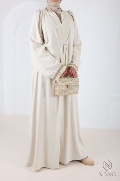 Langes Kleid im Abaya-Stil aus Leinenmischgewebe mit V-Ausschnitt