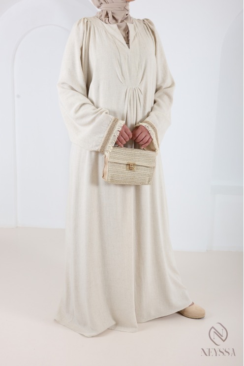 Langes Kleid im Abaya-Stil aus Leinenmischgewebe mit V-Ausschnitt