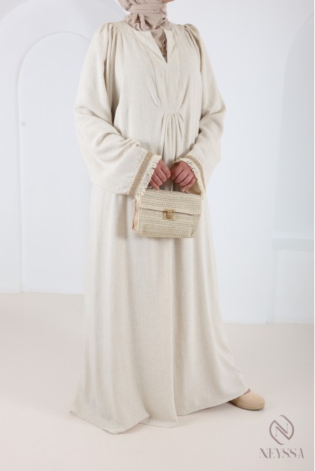 Robe longue style abaya en lin mélangé col v beige