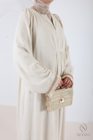 Robe longue style abaya en lin mélangé col v beige 2