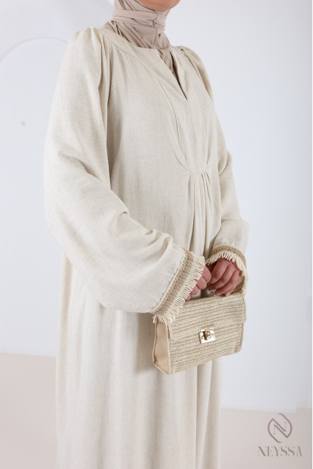 Beige V-neck long abaya-style dress in linen blend