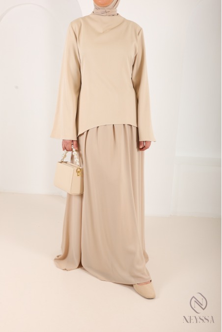 Beige shirt set with long pleated skirt