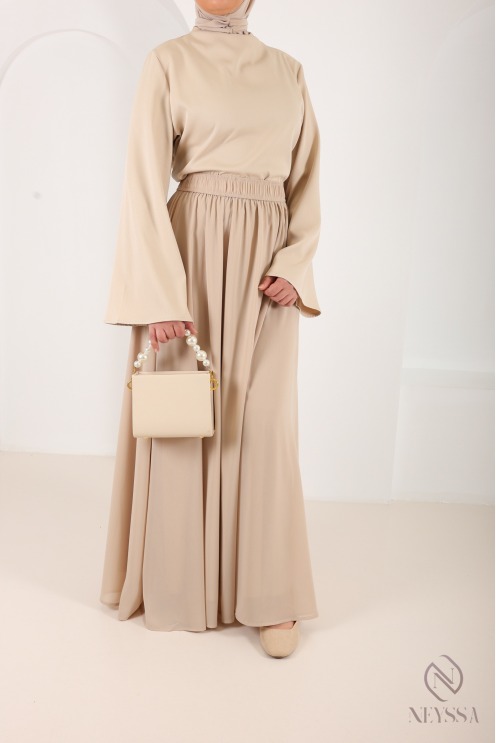 Beige shirt set with long pleated skirt