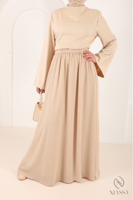 Beige shirt set with long pleated skirt