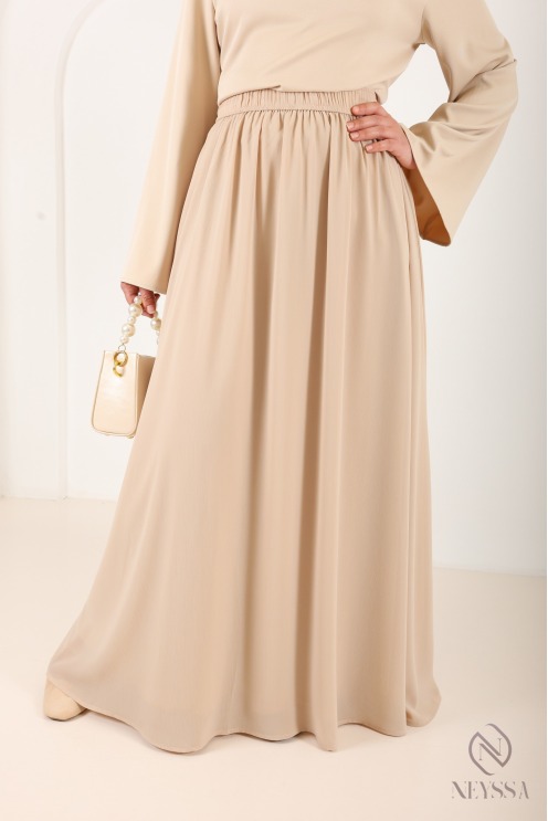 Beige shirt set with long pleated skirt