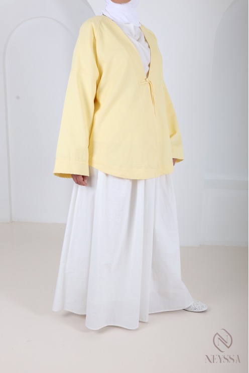 Trendy yellow cotton kimono-style mid-length jacket