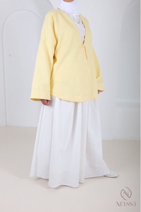 Trendy yellow cotton kimono-style mid-length jacket