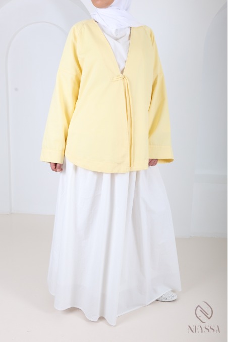 Trendy yellow cotton kimono-style mid-length jacket