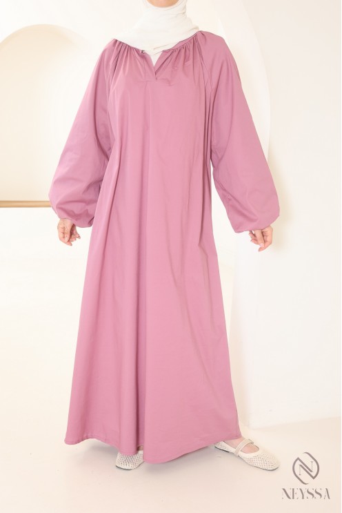 Lange Abaya aus Baumwolle mit Puffärmeln und Hemdkragen