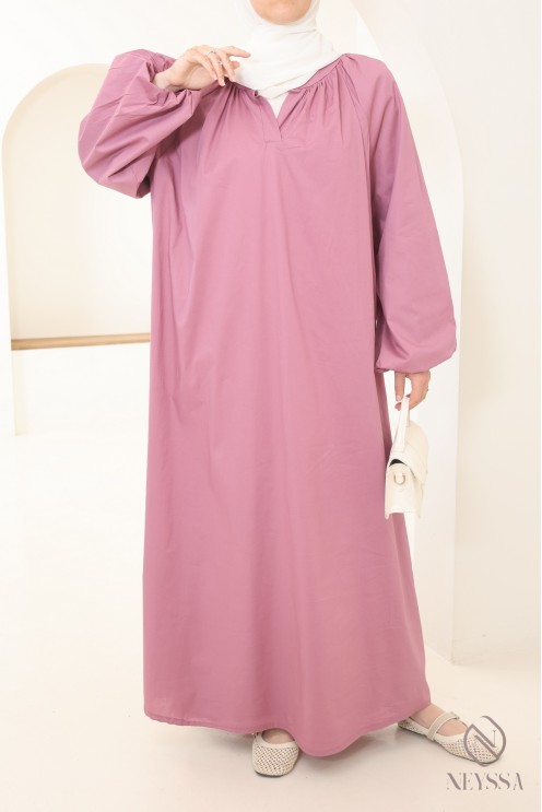 Abaya longue à manches bouffantes en coton, col chemise