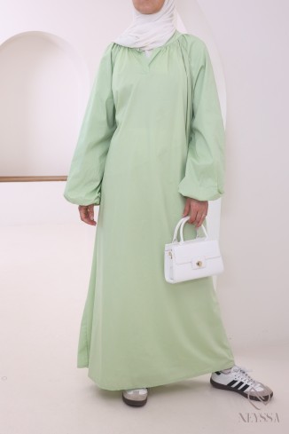 Abaya longue à manches bouffantes en coton, col chemise