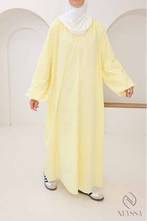 Abaya longue à manches bouffantes en coton, col chemise