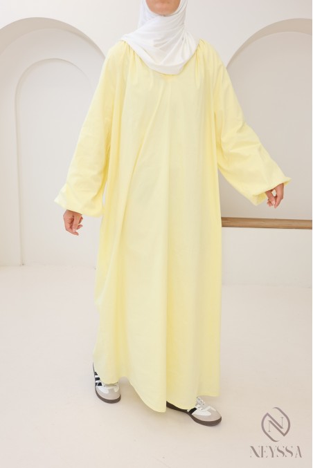 Long cotton abaya with puff sleeves and shirt collar