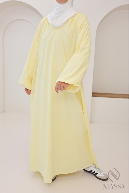 Long cotton abaya with puff sleeves and shirt collar