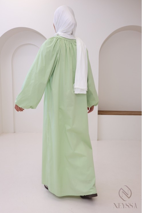 Long cotton abaya with puff sleeves and shirt collar