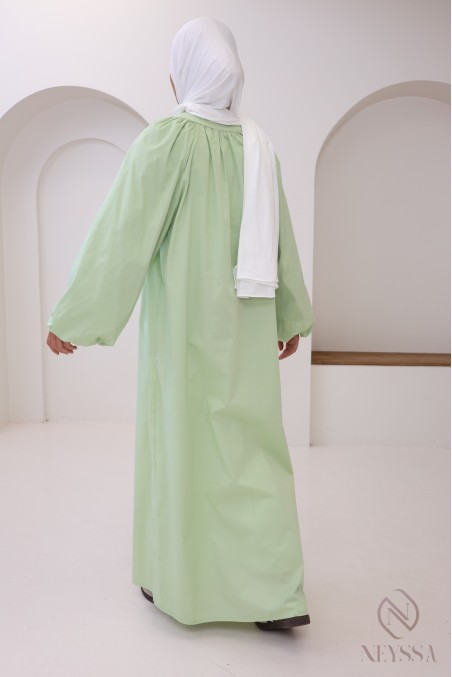 Abaya longue à manches bouffantes en coton, col chemise