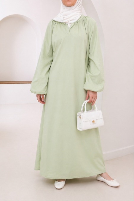 Long cotton abaya with puff sleeves and shirt collar