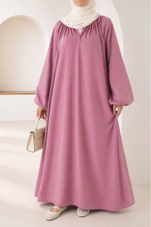 Long cotton abaya with puff sleeves and shirt collar