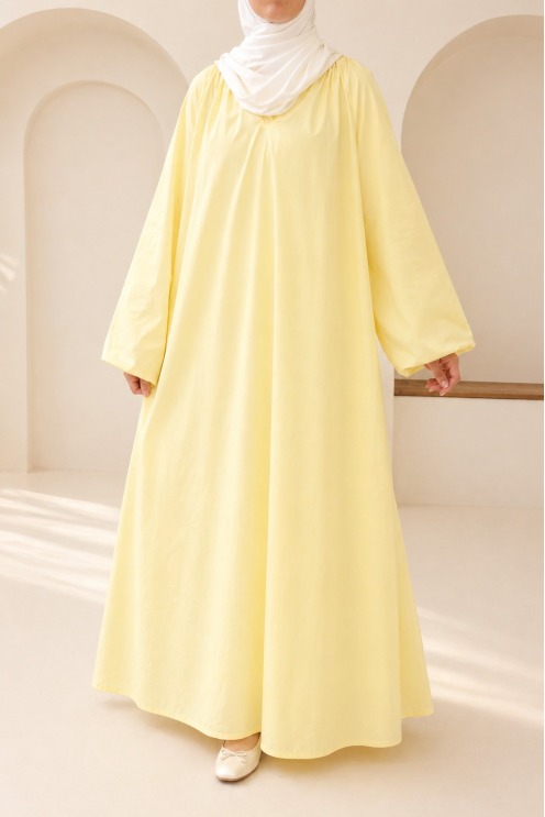 Abaya longue à manches bouffantes en coton, col chemise