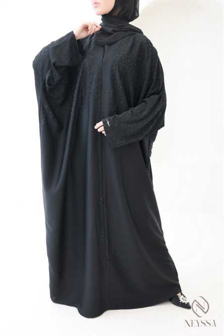 Abaya Dubaï kimono coupe papillon noir pour femme à strass