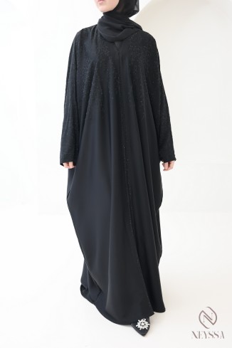 Black butterfly-cut Dubai kimono abaya for women with rhinestones