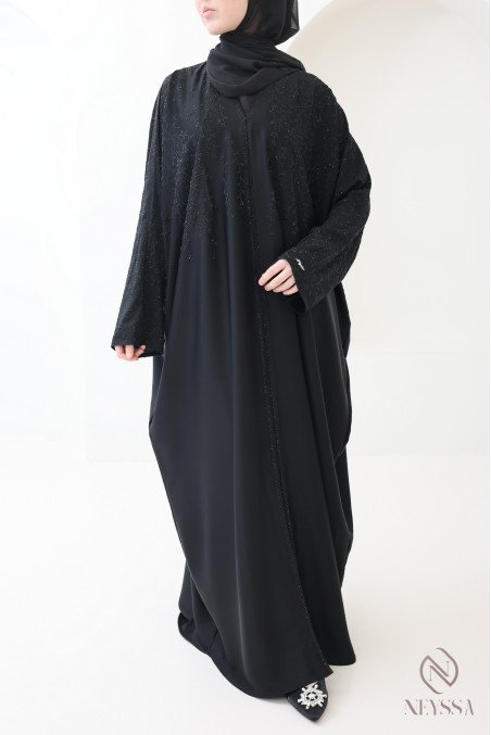 Abaya Dubaï kimono coupe papillon noir pour femme à strass