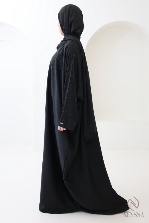 Abaya Dubaï kimono coupe papillon noir pour femme à strass