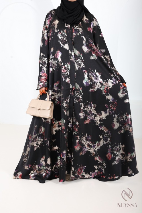 Abaya kimono Dubaï de luxe coupe umbrella noir boisée