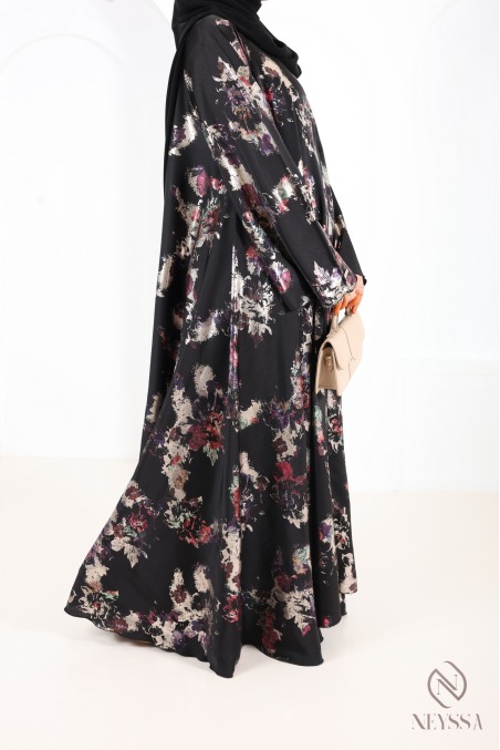 Luxury Dubai kimono abaya with umbrella cut in wooded black