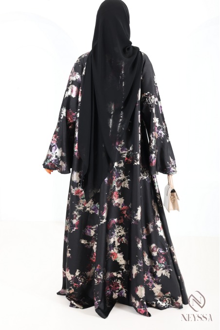 Abaya kimono Dubaï de luxe coupe umbrella noir boisée