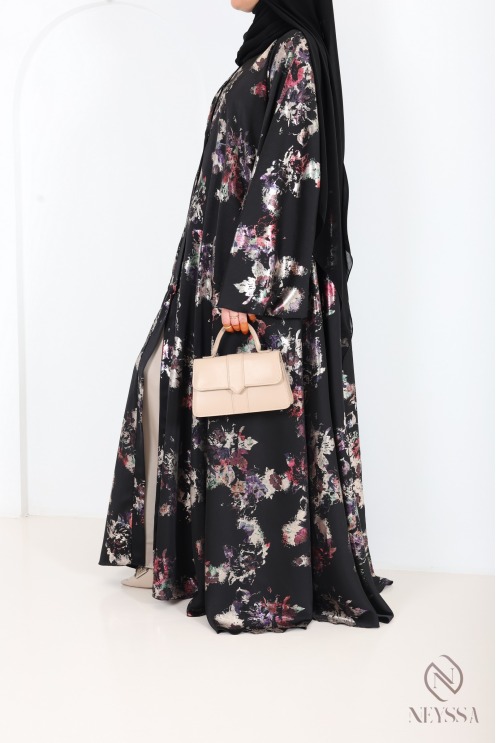 Luxuriöse Kimono-Abaya Dubai mit Umbrella-Schnitt und Holzverzierung