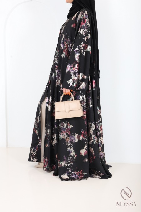 Luxury Dubai kimono abaya with umbrella cut in wooded black